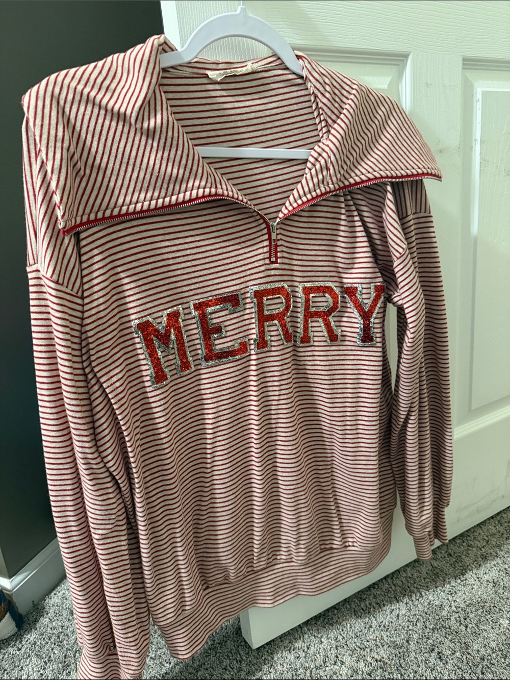 Striped 'MERRY' Half-Zip Pullover - Red & White